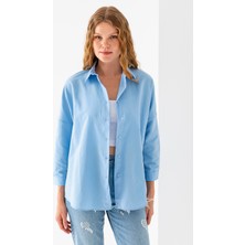 Kadın Buz Mavi Uzun Kollu Basic Pamuklu Oversize Gömlek - 3900
