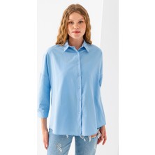 Kadın Buz Mavi Uzun Kollu Basic Pamuklu Oversize Gömlek - 3900