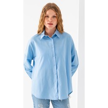 Kadın Buz Mavi Uzun Kollu Basic Pamuklu Oversize Gömlek - 3900