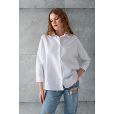 Kadın Beyaz Uzun Kollu Basic Pamuklu Oversize Gömlek - 3900