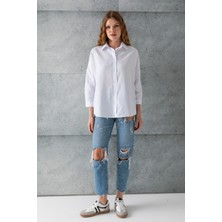 Kadın Beyaz Uzun Kollu Basic Pamuklu Oversize Gömlek - 3900