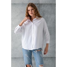 Kadın Beyaz Uzun Kollu Basic Pamuklu Oversize Gömlek - 3900