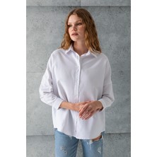 Kadın Beyaz Uzun Kollu Basic Pamuklu Oversize Gömlek - 3900