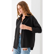 Kadın Siyah Uzun Kollu Basic Pamuklu Oversize Gömlek - 3900