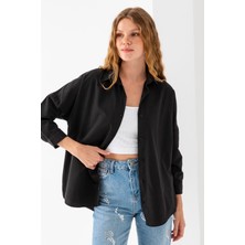 Kadın Siyah Uzun Kollu Basic Pamuklu Oversize Gömlek - 3900
