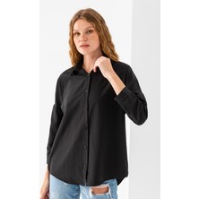 Kadın Siyah Uzun Kollu Basic Pamuklu Oversize Gömlek - 3900