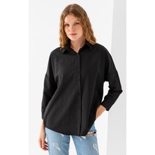Kadın Siyah Uzun Kollu Basic Pamuklu Oversize Gömlek - 3900