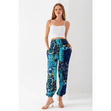 Mavi Etnik Desenli Kadın Şalvar Yoga Pantolonu %100 Viskon Çift Cepli - 2460