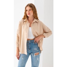 Kadın Bej Uzun Kollu Basic Pamuklu Oversize Gömlek - 3900