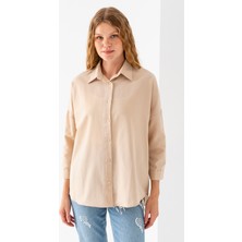 Kadın Bej Uzun Kollu Basic Pamuklu Oversize Gömlek - 3900