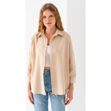 Kadın Bej Uzun Kollu Basic Pamuklu Oversize Gömlek - 3900