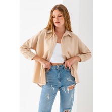 Kadın Bej Uzun Kollu Basic Pamuklu Oversize Gömlek - 3900