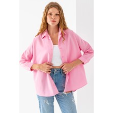 Kadın Toz Pembe Uzun Kollu Basic Pamuklu Oversize Gömlek - 3900