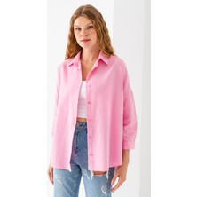 Kadın Toz Pembe Uzun Kollu Basic Pamuklu Oversize Gömlek - 3900