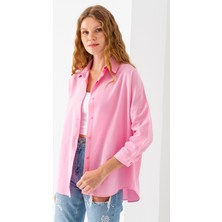Kadın Toz Pembe Uzun Kollu Basic Pamuklu Oversize Gömlek - 3900