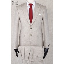 Keten Pileli Pantolon  Slim Fit Sivri  Yaka-Çift Yırtmaç Fileli Astar Drop 6  Takım Elbise