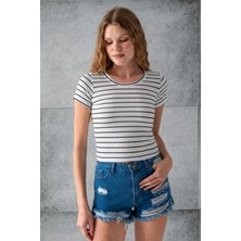 Kadın Bisiklet Yaka Kısa Kollu Çizgili Body Lacivert - 25506