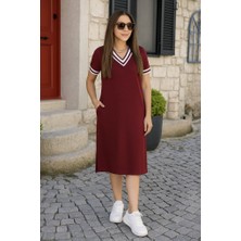 Velmora FashionKadın Kısa Kollu V Yaka ve Yaka Ribana Detay Midiboy Viskon Elbise
