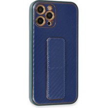 Newface  Apple iPhone 12 Pro Kılıf Coco Karbon Standlı Kapak - Mavi Ferrg