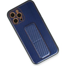 Newface  Apple iPhone 12 Pro Kılıf Coco Karbon Standlı Kapak - Mavi Ferrg