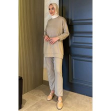 Julude Ön Taşlı Bisiklet Yaka Büyük Beden Tesettür Tunik Pantolon Ikili Takım P-00016528