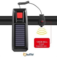 Solar Enerjili USB ile Şarj Edilebilir Ledli Bisiklet Feneri Kornalı ve Su Geçirmez Far