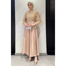 Julude Taş Işlemeli Kemerli Tesettür Saten Abiye Elbise P-00016259