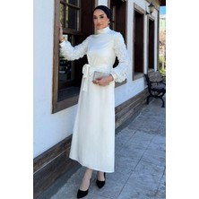 Julude Kadın Kollar Gül Figürlü Bel Kuşaklı Tesettür Saten Abiye P-00016255