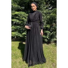 Julude Kadın Piliseli Bel Kuşak Detaylı Tüllü Tesettür Abiye P-00016278