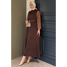 Julude Kolları Güpürlü Taşlı Bel Bağcıklı Tesettür Saten Abiye Elbise P-00016257