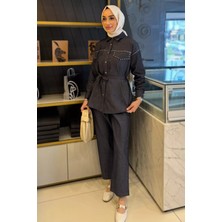 Julude Kadın Taş Işlemeli Kuşaklı Tesettür Kot Tunik Pantolon Ikili Takım P-00016354