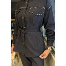 Julude Kadın Taş Işlemeli Kuşaklı Tesettür Kot Tunik Pantolon Ikili Takım P-00016354