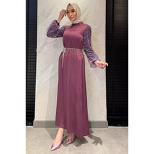 Julude Kolları Güpürlü Taşlı Bel Bağcıklı Tesettür Saten Abiye Elbise P-00016257