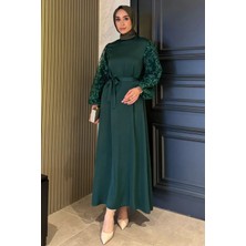 Julude Kolları Güpürlü Bel Kuşaklı Tesettür Saten Abiye Elbise P-00016256