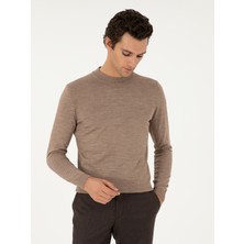 Cacharel Erkek Vizon Slim Fit Yün Karışımlı Çeyrek Balıkçı Yaka Basic Triko Kazak 50296402-VR052