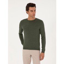 Cacharel Erkek Haki Slim Fit Yün Karışımlı Bisiklet Yaka Basic Triko Kazak 50293301-VR027