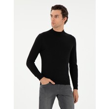 Cacharel Erkek Siyah Slim Fit Kaşmir İpek Karışımlı Çeyrek Balıkçı Yaka Triko Kazak 50296503-VR046