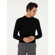 Cacharel Erkek Siyah Slim Fit Yün Karışımlı Çeyrek Balıkçı Yaka Basic Triko Kazak 50296402-VR046