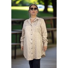 Taş Işlemeli Inci Önden Düğmeli Uzun Kol Battal Büyük Beden Jakarlı Saten Gömlek Tunik