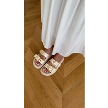 Kalın Çift Bantlı Bej Kadın Terlik