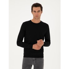 Cacharel Erkek Siyah Slim Fit Yün Karışımlı Bisiklet Yaka Basic Triko Kazak 50293301-VR046