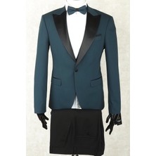Damatlık Smokin - Full Set Slimfit  Saten Geniş Sivri Yaka, Tek Düğme, Çift Yırtmaç ,koyu Yeşil Drop 6 Yelek, Gömlek, Papyon Dahil