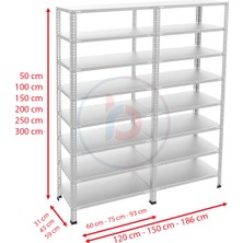 Rafburada 8 Katlı Duble Galvaniz Çelik Raf - Depo, Arşiv, Kiler, Dosya, Market Rafı - 31x60 cm-200 cm-0.70 mm