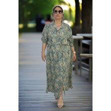 Yagmur Beren Önden Boydan Düğmeli Cepli Kuşaklı Ekstra Büyük Beden Pamuklu Viskon Elbise