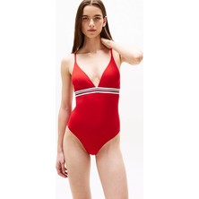 Kadın Th Global Stripe Derin Yaka Tek Parça Mayo - Kırmızı