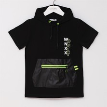 Erkek Çocuk Kısa Kol Kapşonlu Tişört - 16429 - Siyah