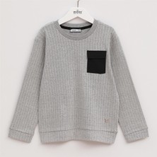 Erkek Çocuk Şardonsuz Uzun Kol Ince Bisiklet Yaka Tişört - 15896 - Gri