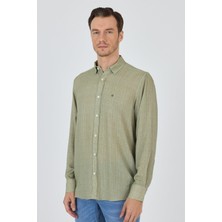 Koyu Haki Uzun Kol Baskılı Cepsiz Keten Casual Comfort Fit Gömlek 1004250112