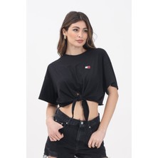 Kadın Tjw Rozetli Kırpılmış Düğümlü T-Shirt - Siyah