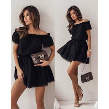 Kadın Madonna Yaka Kol ve Etek Ucu Dantel Detay Ayrobin Kumaş Elbise (Renkli)